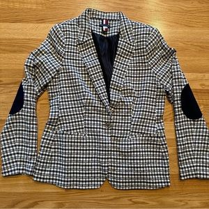 Tommy Hilfiger Black and White Plaid Blazer with Navy Elbow Patches